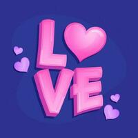 3D Pink Love Font With Hearts On Blue Background. vector