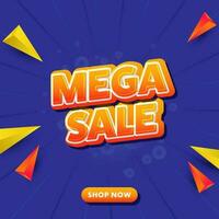 Sticker Style Mega Sale Font With 3D Geometric Triangle Elements On Blue Rays Halftone Background. vector