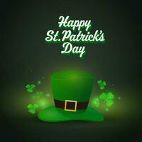 3D Happy St. Patrick's Day Font With Leprechaun Hat, Shamrock Leaves And Light Effect On Green Background. vector