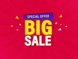 Big Sale Poster Design With Special Offer And Triangle Elements On Red Halftone Rays Background. vector