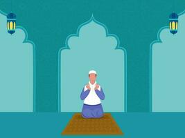 Front View Of Faceless Muslim Man Offering Namaz Prayer At Mat And Arabic Lanterns On Blue Islamic Pattern Background. vector