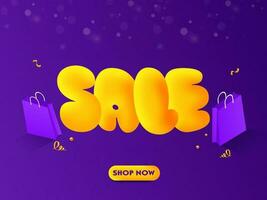 Sale Poster Design With Shopping Bags And Golden Curl Ribbons On Purple Bokeh Background. vector