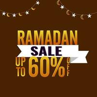 For Ramadan Sale Poster Design With Islamic Ornament Garland In Brown Color. vector