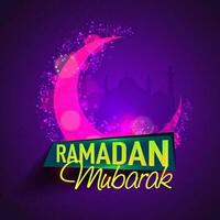 Ramadan Mubarak Font With Pink Crescent Moon And Lights Effect On Purple Silhouette Mosque Background. vector