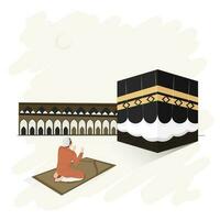 islámico festival concepto con musulmán hombre ofrecimiento namaz a estera en frente de kaaba en blanco antecedentes y Copiar espacio. vector