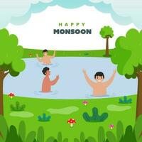Cartoon Cartoon Young Boys Playing On River Or Sea And Nature View For Happy Monsoon Concept. vector