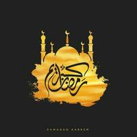 Arabic Calligraphy Of Ramadan Kareem On Golden Brush Stroke Mosque Against Black Background. vector