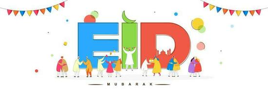 islámico personas celebrando y disfrutar el festival de eid Mubarak en blanco antecedentes. vector