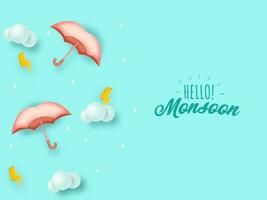 Hola monzón fuente con 3d paraguas, nubes, relámpago tornillo y gotas en cian antecedentes. vector