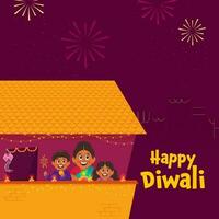 Indian Woman Enjoying Festival With Her Kids At Home On The Occasion Of Diwali. vector