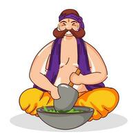 Cartoon Mustache Man Grinding Weed From Mortar And Pestle On White Background. vector