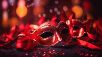 Venetian Masks On Red Glitter With Shiny Streamers On Abstract Defocused Bokeh Lights - Carnival Party. photo