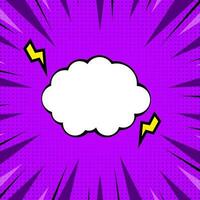 Empty Cloud Shape Frame With Lightning Bolts On Purple Rays Halftone Background. vector