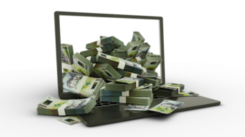 3D rendering of Romanian Leu notes coming out of a Laptop monitor isolated on transparent background. stacks of Leu notes inside a laptop. money from computer, money from laptop png