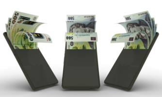 Romanian Leu notes inside a mobile phone. money coming out of mobile phone. 3d rendering of set of mobile money transaction concepts. money from Phone png