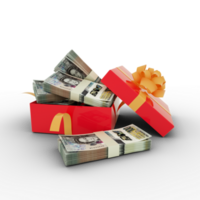 Stack of East Caribbean Dollar notes inside an open red gift box. Bundles of East Caribbean Dollar inside a gift box. 3d rendering of money inside box isolated on transparent background png