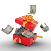 100000 Armenian dram notes inside an open red gift box. Armenian dram inside and flying around a gift box. 3d rendering of money inside box isolated on transparent background png