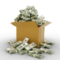 3d rendering of cardboard box full of Czech Koruna notes isolated on a transparent background png
