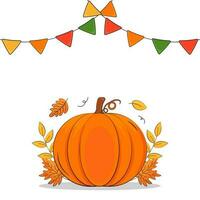 Thanks Giving Festival Concept with Pumpkin, Autumn Leaves And Bunting Flags On White Background. vector