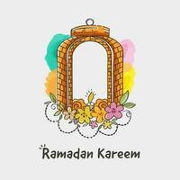 Ramadán kareem póster diseño con linterna formando desde ladrillo pared decorado floral en gris antecedentes. vector