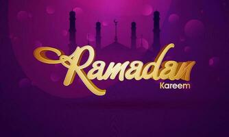 Golden Ramadan Kareem Font And Circles On Purple Silhouette Mosque Background. vector