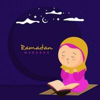 dibujos animados islámico niña ofrecimiento namaz oración con santo Corán libro a estera en el ocasión de Ramadán concepto. vector