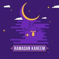 Ramadan Kareem Celebration Concept With Crescent Moon, Stars, Mosque On Purple Irregular Rounded Lines Background. vector