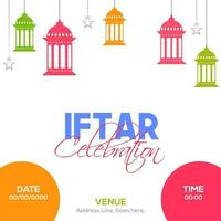 iftar celebracion volantes o póster diseño decorado con Arábica linternas, estrellas colgar en blanco antecedentes. vector