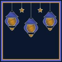 Arabic Stripes Lanterns With Stars Hang On Blue Background And Copy Space. vector