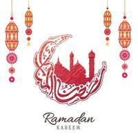 Arábica caligrafía de Ramadán kareem en creciente Luna con mezquita, ornamento linternas decorado blanco antecedentes. vector