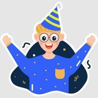 Vector Illustration Of Happy Little Boy Wearing A Party Hat In Sticker Style On blue Background.