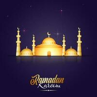 Ramadan Kareem Celebration Poster Design With Glossy Golden Mosque On Purple Light Effect Background. vector