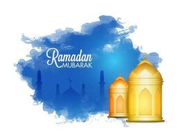 Ramadán Mubarak póster diseño con dorado Arábica linternas y azul acuarela efecto mezquita en blanco antecedentes. vector