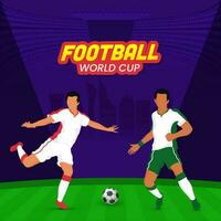 pegatina estilo fútbol americano mundo taza fuente con participativo países equipo de futbolista jugador en púrpura y verde antecedentes. vector