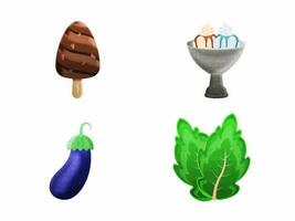 Vegetable And Dessert Crafting Food Element Set With Eggplant And Ice Cream. vector