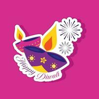 Sticker Style Two Burning Oil Lamp Over Pink Background For Happy Diwali Celebration. vector