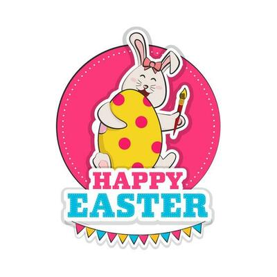 Sticker Style Happy Easter Font With Cartoon Bunny Holding Colored Egg And Paint Brush On White Background.