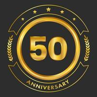 Golden 50th Anniversary Emblem Logo With Laurel Wreath On Black Background. vector