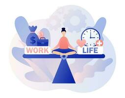 Work and life balance. Tiny woman sitting in lotus position and keep harmony. Choose between career and money versus love and time. Leisure or business. Modern flat cartoon style. Vector illustration