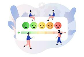 Emotions scale with arrow from green to red. Tiny people leave feedback. Emoji set for mood tracker. Excellent, good and normal, bad and awful. Modern flat cartoon style. Vector illustration