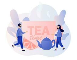 Tea time concept. Hot drinks party. Tiny people drinking tea. Big cup, kettle and lemon slice. Modern flat cartoon style. Vector illustration on white background