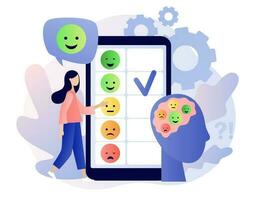 Emotions scale on smartphone screen. Mood concept. Tiny girl leave feedback online. Emoji set for mood tracker. Excellent, good and normal, bad and awful. Modern flat cartoon style.Vector illustration vector