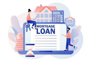 Mortgage loan. House concept. Tiny people buying home and pay credit to bank. Investment money in real estate property. Modern flat cartoon style. Vector illustration on white background