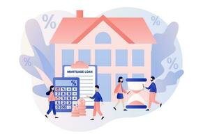 House loan. Mortgage concept. Tiny people buying home and pay credit to bank. Investment money in real estate property. Modern flat cartoon style. Vector illustration on white background