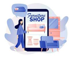 Furniture and home accessories store. Tiny woman shopping furniture and home decor online use smartphone. Sofa shop. Modern flat cartoon style. Vector illustration on white background