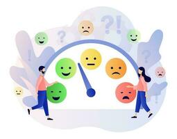 Mood concept. Emotions scale. Excellent, good and normal, bad and awful. Tiny people leave feedback. Emoji set for mood tracker. Modern flat cartoon style. Vector illustration on white background