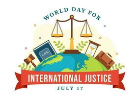 mundo día para internacional justicia vector ilustración con tierra, escamas o juez mazo en plano dibujos animados mano dibujado a aterrizaje página plantillas
