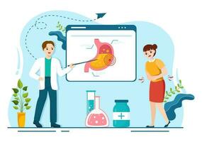 estómago salud gastroenterología vector ilustración con abdomen dolor y médico investigación para cuidado de la salud en plano dibujos animados mano dibujado plantillas