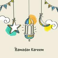 Ramadán kareem concepto con garabatear estrella, creciente luna, linterna colgar y verderón banderas en beige antecedentes. vector