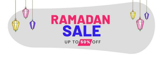 Ramadan Sale Banner Or Header Design With Arabic Lanterns Hang. vector